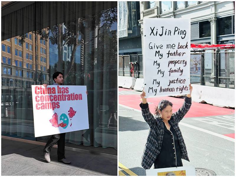 有民眾在酒店外手舉「中國有集中營」字牌抗議，而在大會會場周圍有一名華裔女性高舉抗議牌，要求「習近平還我財產、家園、父親」。（APEC台灣媒體團提供） (圖：中央社)