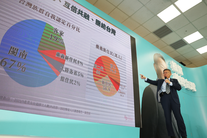 台灣民眾黨總統參選人柯文哲16日上午在競選總部出席「共融多元，族群文化政策」記者會，提出台灣新住民等族群相關政策及未來願景。(圖：中央社)
