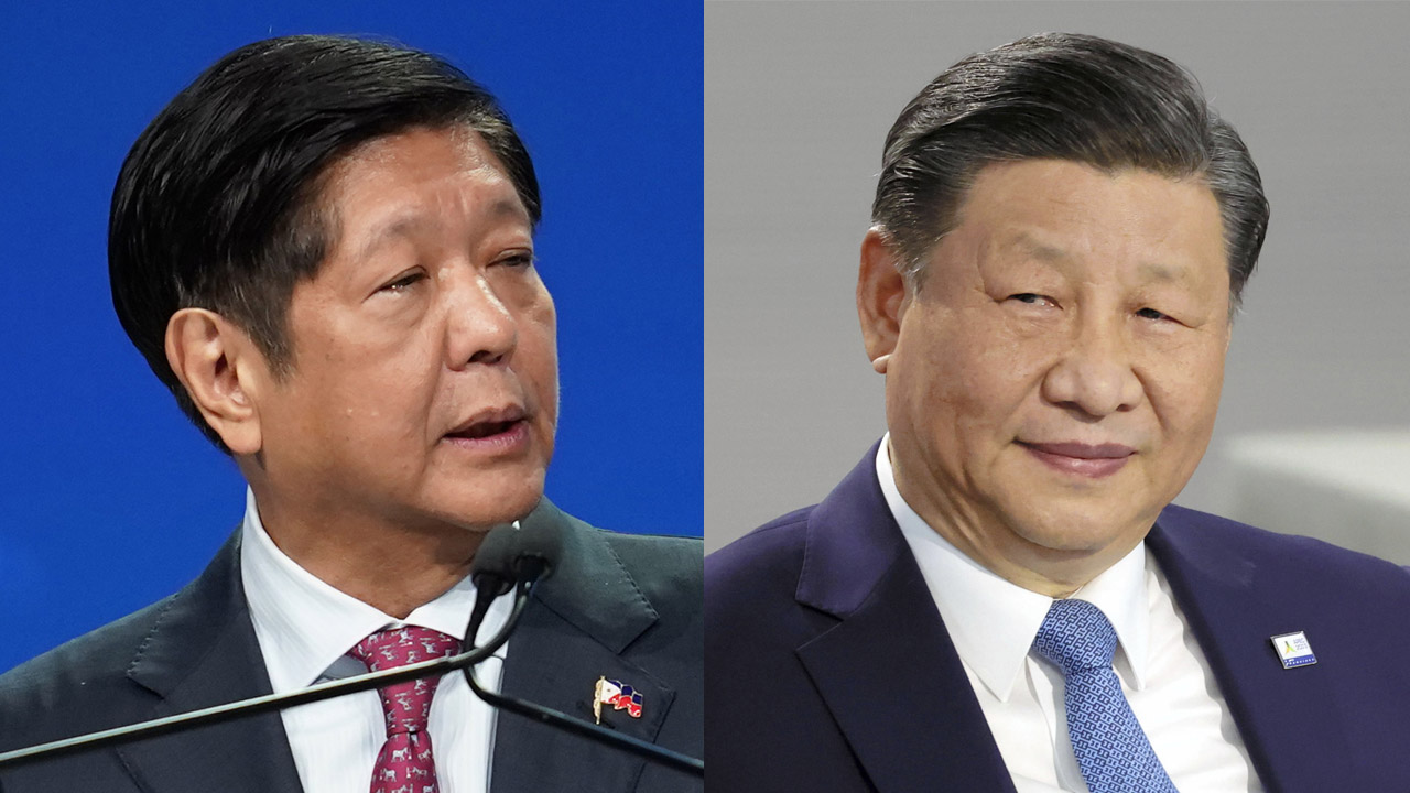 菲律賓總統小馬可仕(左)17日會見中國國家主席習近平(右)，尋求降低南海緊張局勢。(合成照/美聯社/達志影像)