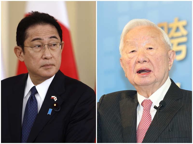 日本首相岸田文雄(左)與台灣APEC領袖代表、台積電創辦人張忠謀(右)會談。(合成圖／美聯社、中央社 )
