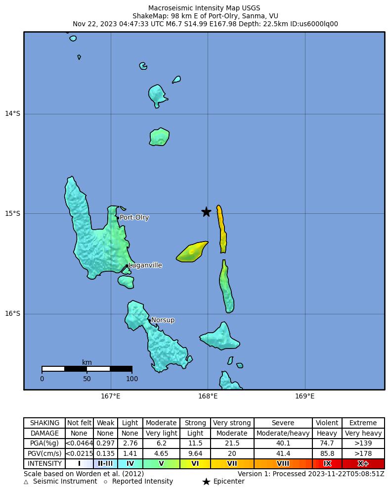 萬那杜發生規模7淺層地震。(USGS)