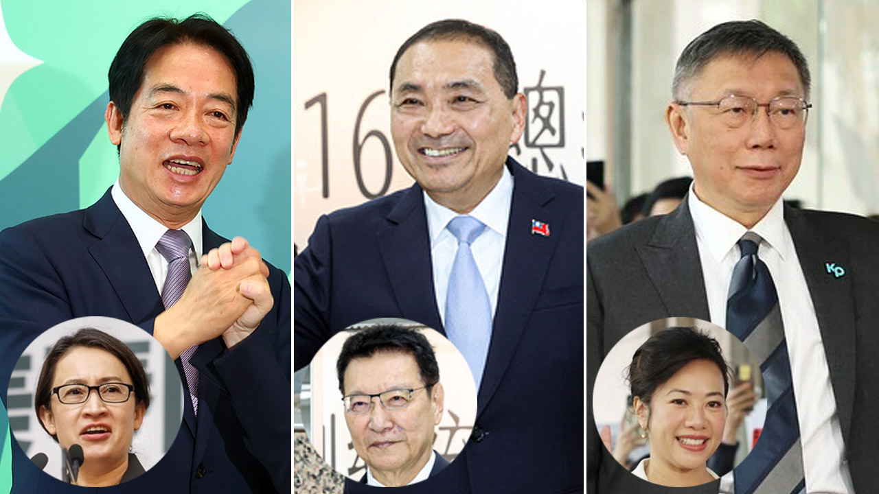 2024總統大選共有賴蕭配、侯趙配、柯吳配三組人馬登記參選。分別為民進黨參選人賴清德、蕭美琴(左起)；國民黨參選人侯友宜、趙少康；民眾黨參選人柯文哲、吳欣盈。(資料合成照/圖:中央社)