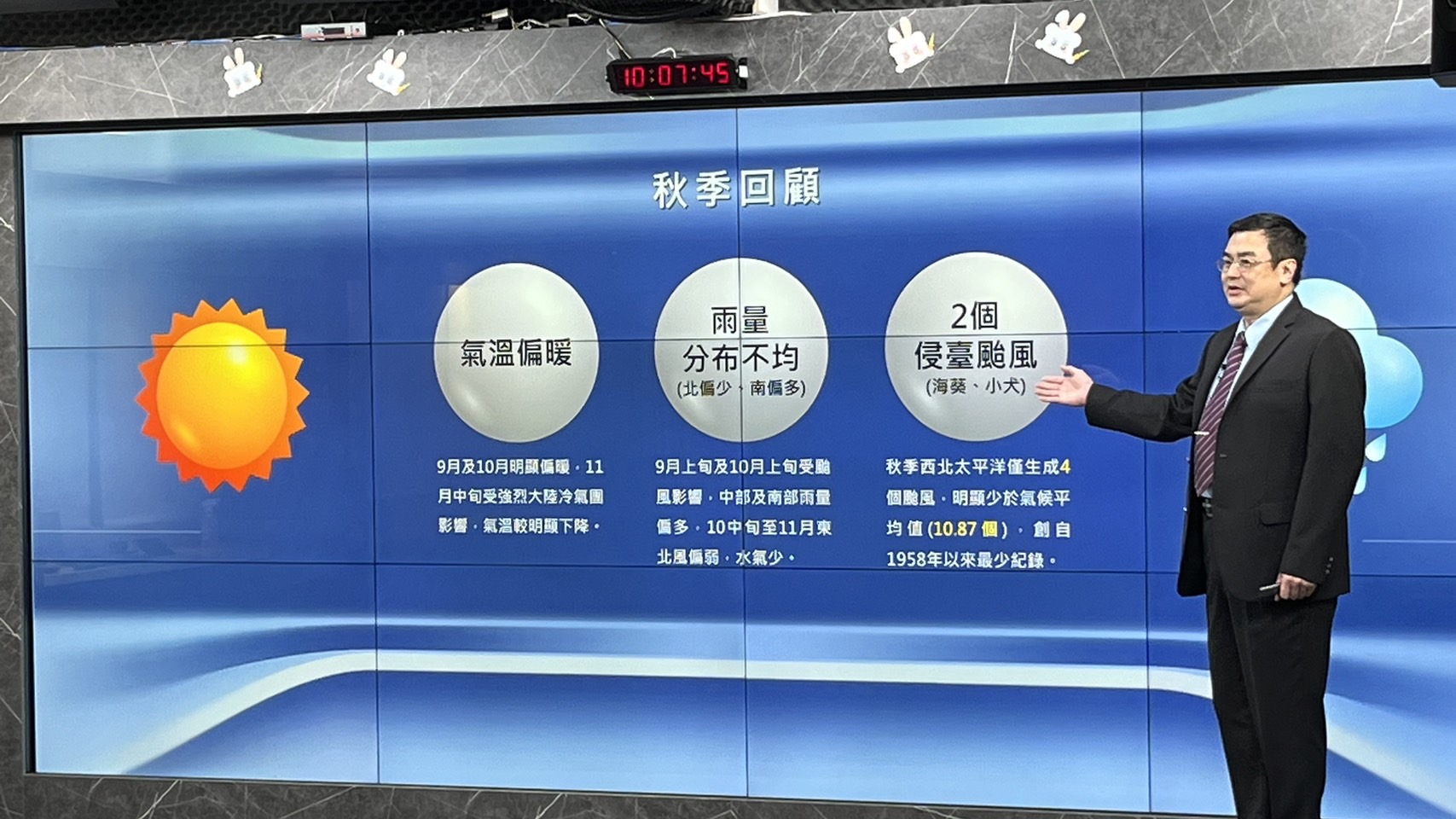 氣象署氣象預報中心代理主任陳怡良28日回顧過去3個月的秋天氣候，不僅是史上第4暖的秋天，11月的雨量也寫下1951年以來第5少的紀錄；此外，今年西北太平洋上生成的秋颱數，更創下1958年以來最少的紀錄。(氣象署提供)