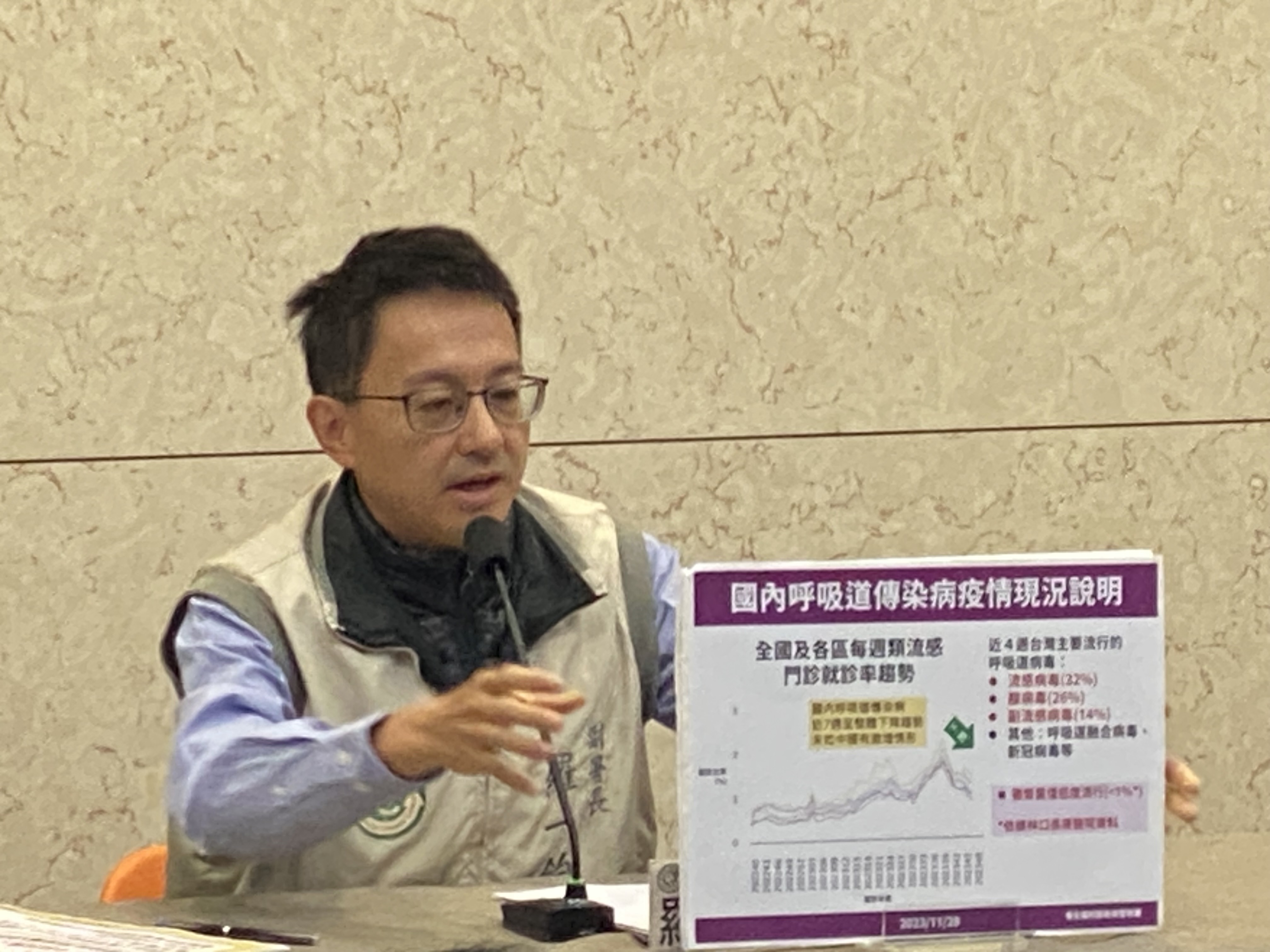 疾管署副署長羅一鈞1日說明目前台灣呼吸道疫情。(吳琍君攝)