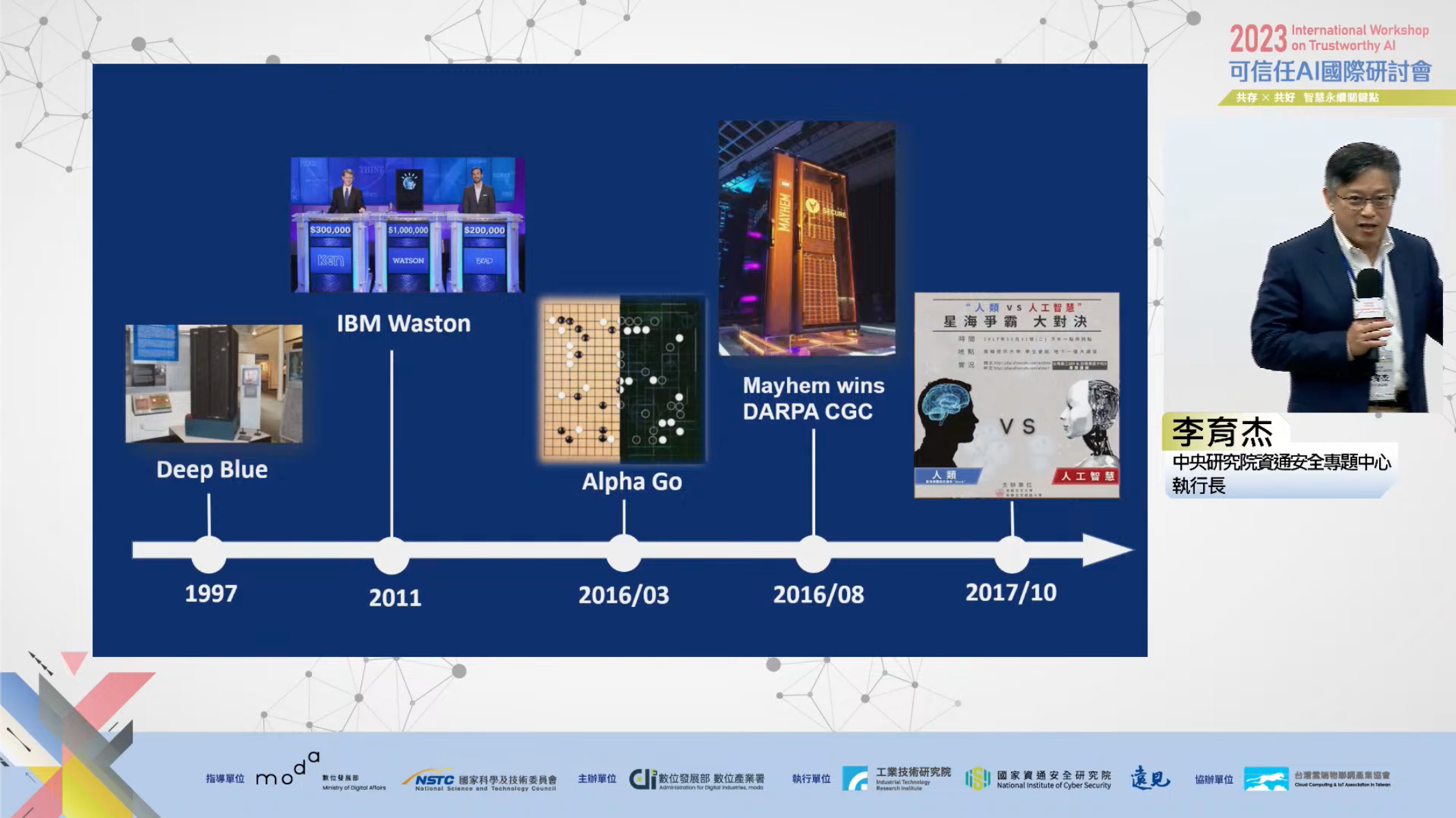 中研院資通安全專題中心(TWISC)執行長李育杰11日在「2023可信任AI國際研討會」發表專題演講。(圖:擷取自遠見雜誌 YT)