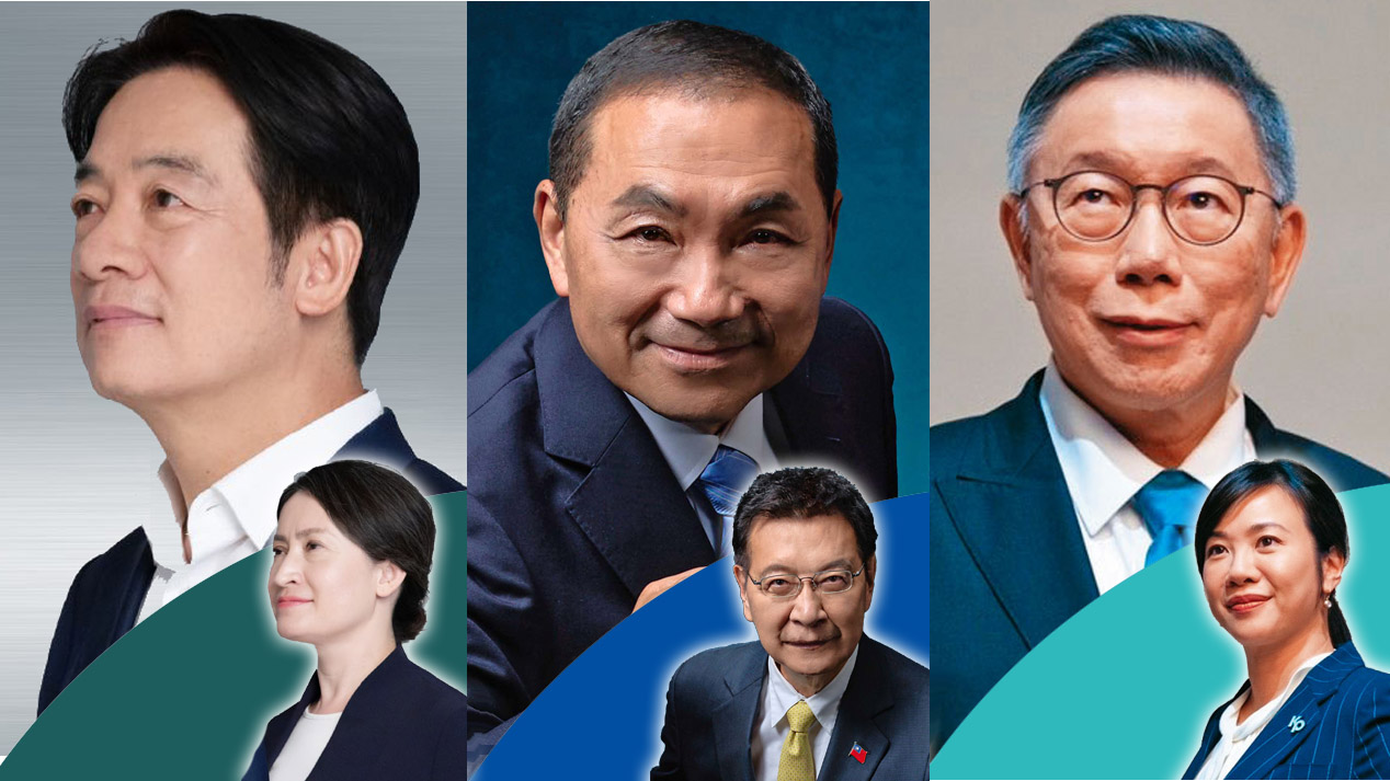 2024正副總統大選候選人。左起為民進黨「賴蕭配」賴清德、蕭美琴；國民黨「侯康配」侯友宜、趙少康；民眾黨「柯盈配」柯文哲、吳欣盈。(資料合成照/賴清德、侯友宜、柯文哲競選總部提供)