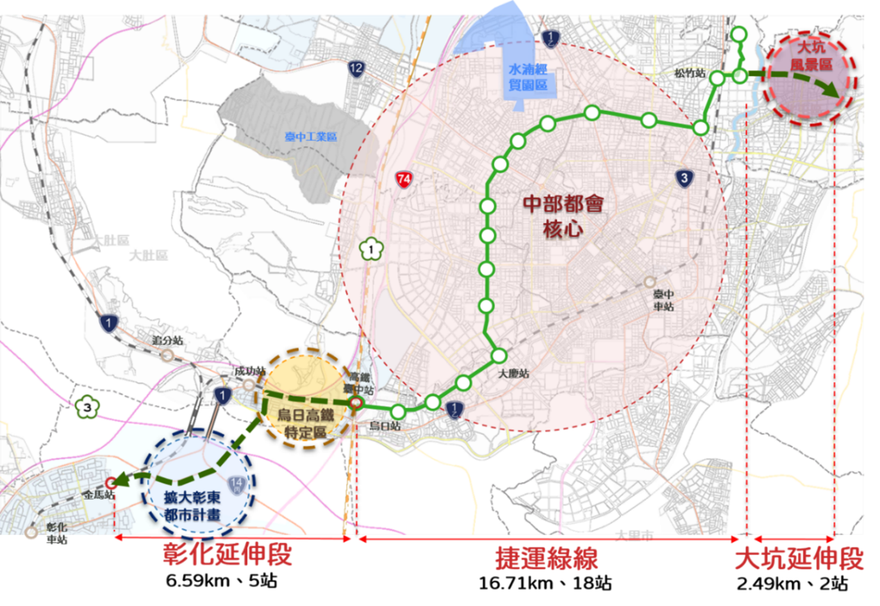 台中捷運綠線延伸大坑、彰化路線圖。(台中市政府交通局提供)