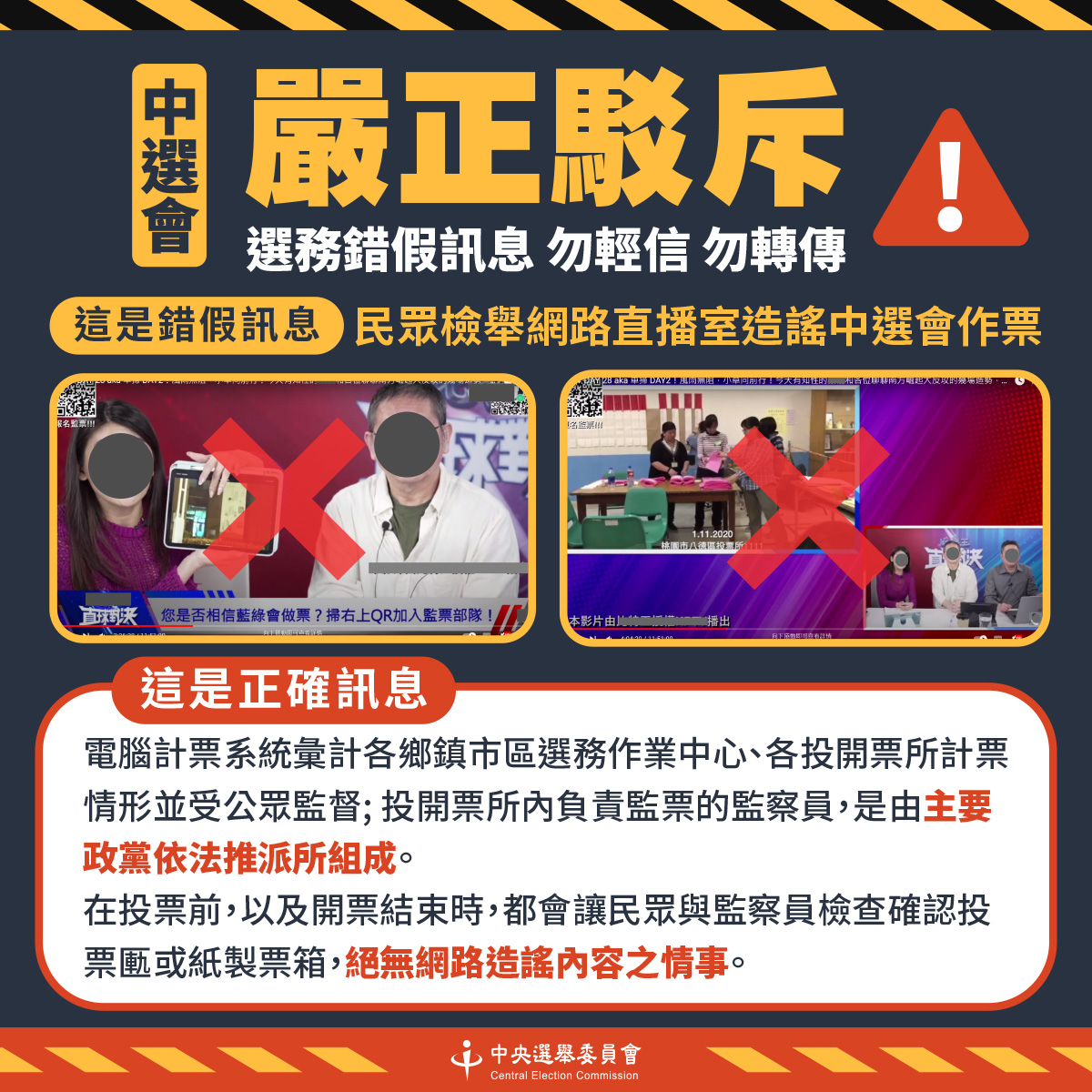 網路直播節目指稱中選會作票，中選會4日嚴正駁斥。(中選會提供)