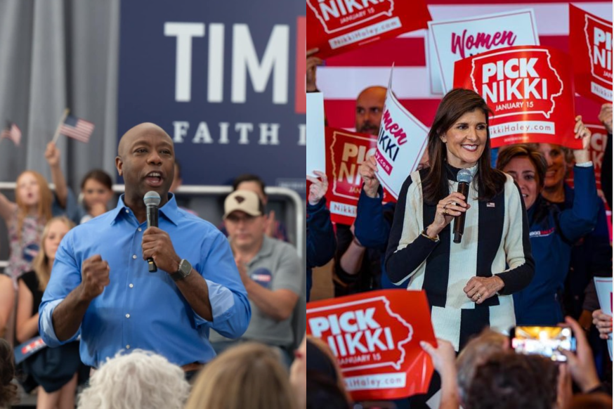 南卡羅萊納州參議員史考特(Tim Scott)(左)、角逐美國共和黨總統提名的前美國駐聯合國大使海利(Nikki Haley)(右)。(圖：史考特粉專、海利粉專）
