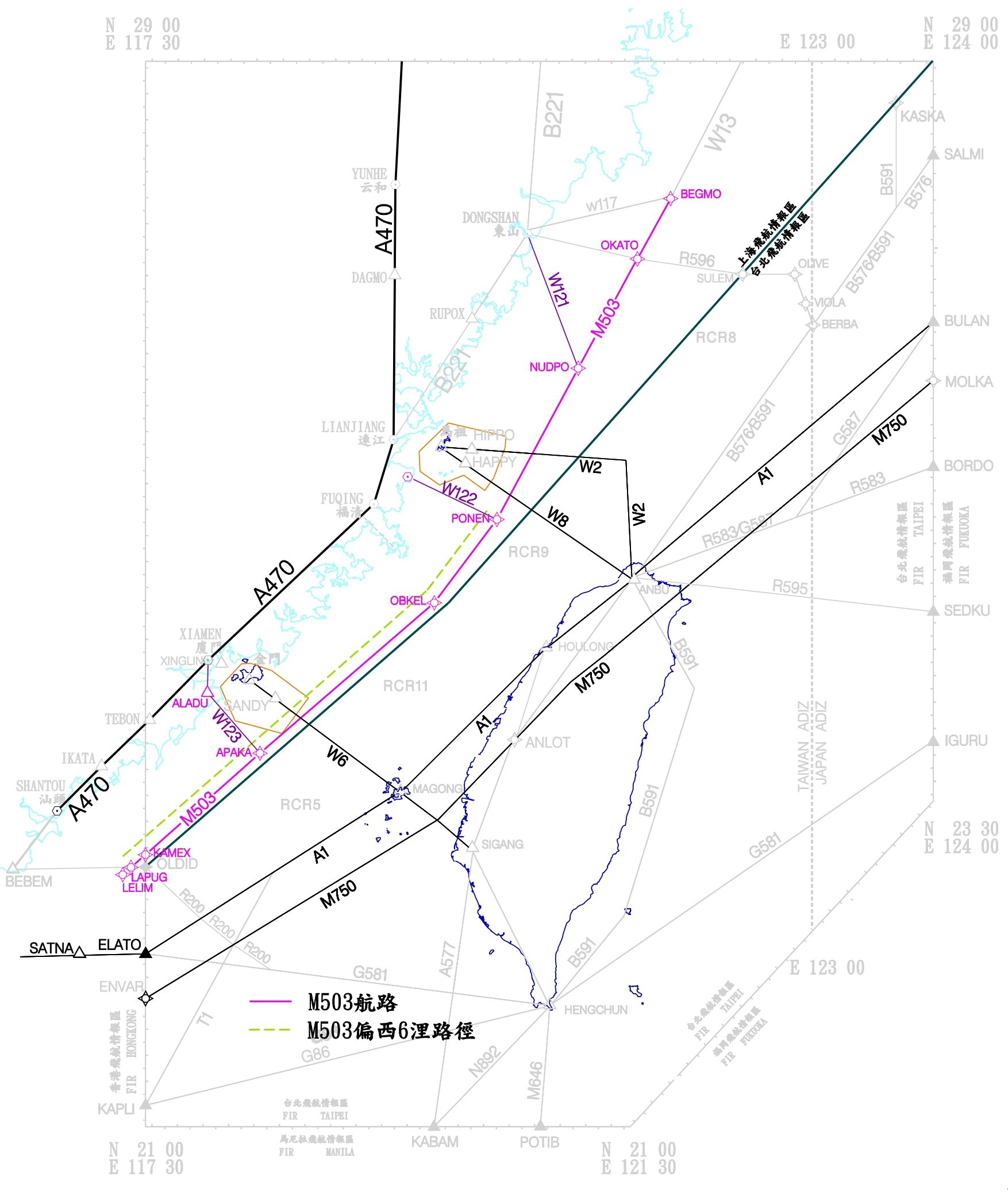 有關中國民航局片面調整M503及W122、123航路示意圖(民航局提供)