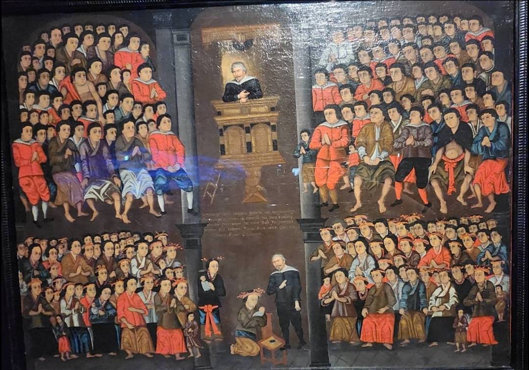 臺史博《跨・1624：世界島台灣》大展揭幕，首度展出 全球唯一寫實描繪17世紀西拉雅人形貌細節油畫「尤紐士牧師為蕭壠社人宣講及施洗圖」。(江昭倫 攝)