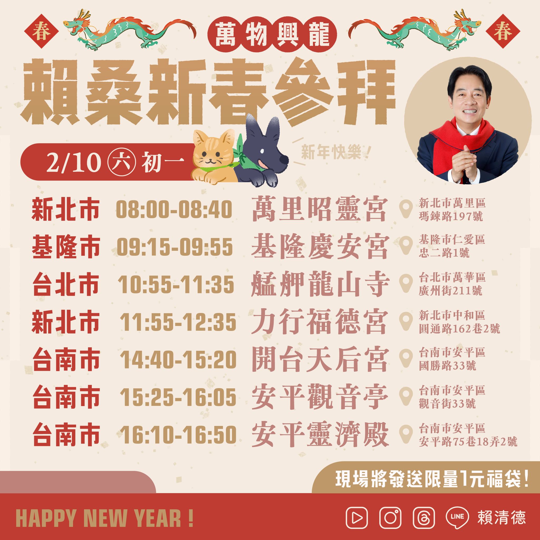 民進黨主席暨總統當選人賴清德大年初一到初五將走訪29間廟宇參香發福袋。(圖：賴清德臉書)