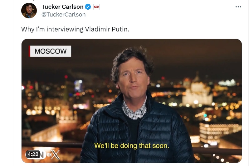 美保守派主持人卡爾森近期將訪蒲亭。 (圖:@TuckerCarlson)