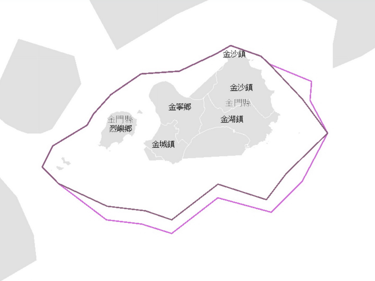 學者表示，我國的禁限制水域立場必須堅守，若棄守會引起連鎖效應。圖為金門禁限制水域圖，深色線是禁止水域，淺色線為限制水域 (圖取自內政部多維度海域資訊服務平台)