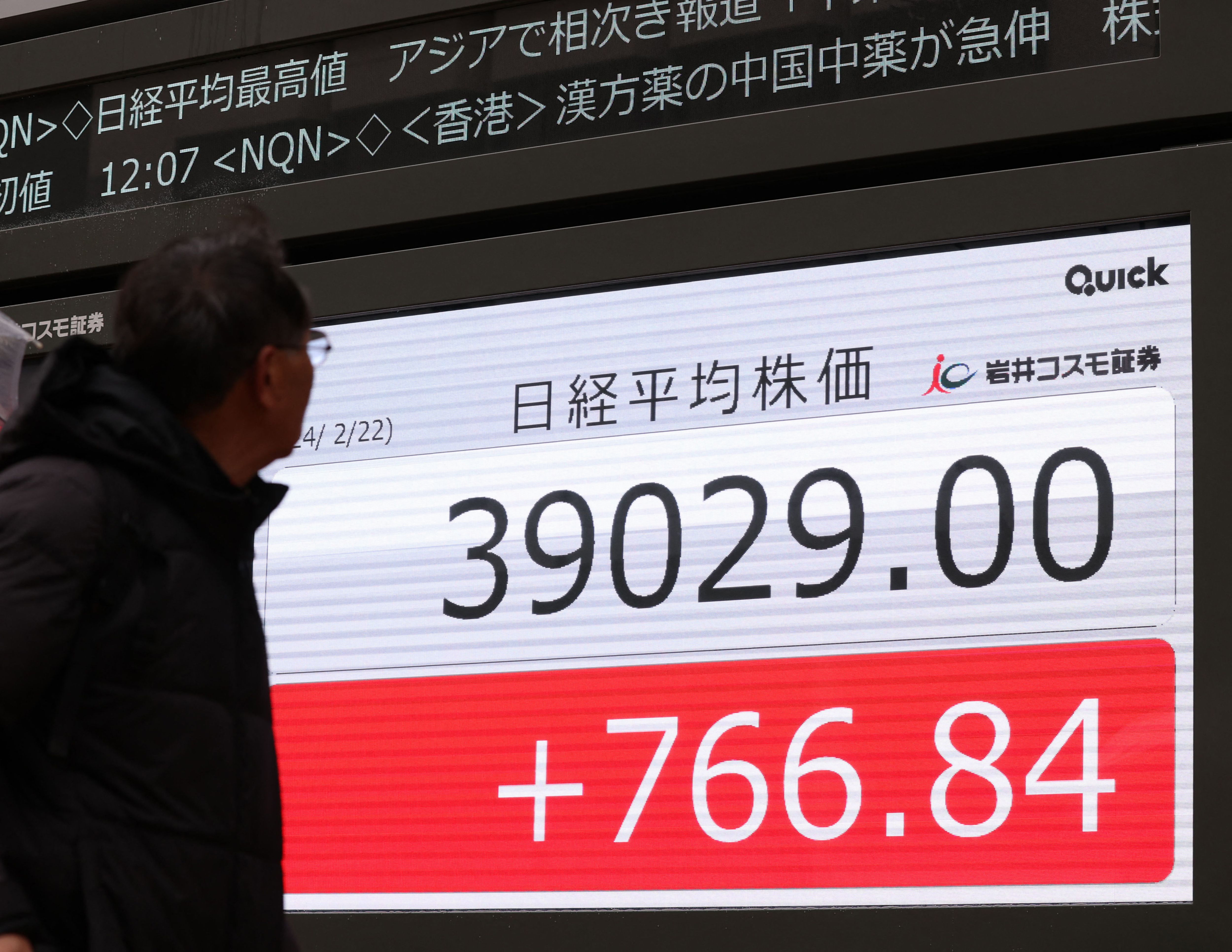 日經指數22日盤中創新高， 打破泡沫時代紀錄。(AFP)