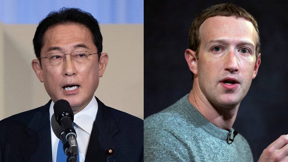日本首相岸田文雄(左)、「Meta Platforms」執行長祖克柏(Mark Zuckerberg)(右)。(合成圖/美聯社/達志影像)