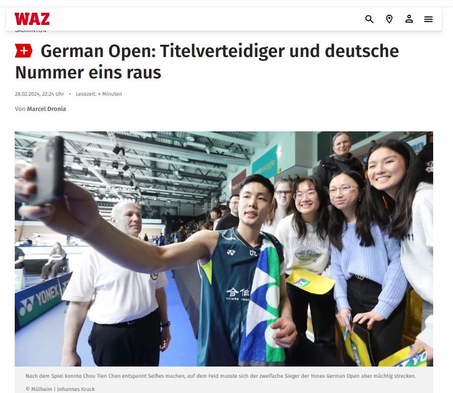德國公開賽首輪過關， 周天成賽後和球迷自拍，登上德國媒體。（Westdeutsche Allgemeine Zeitung）