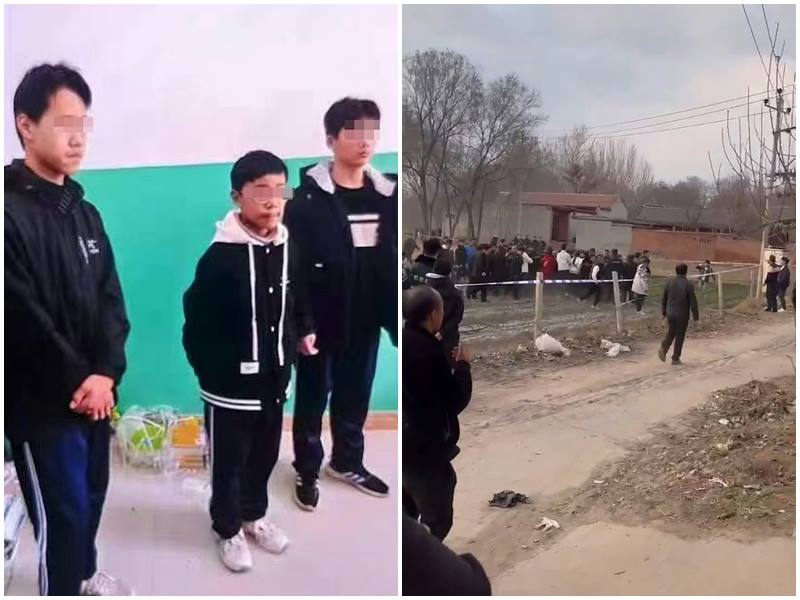 河北13歲初中生王子耀遭同學殺害後埋屍。圖為3名嫌疑人和埋屍現場。(微博)