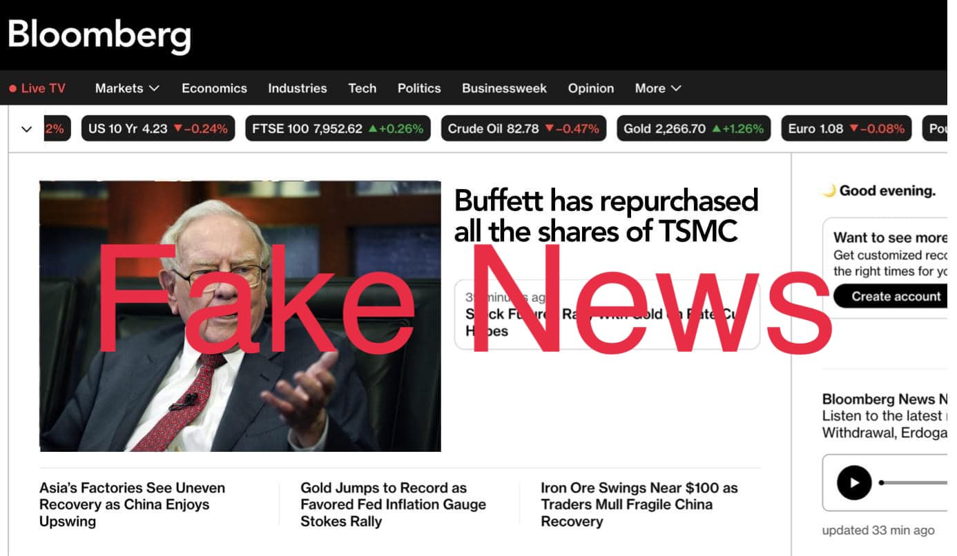 「摩股史塔克」在臉書上造假，指股王巴菲特買回台積電股票，引發紛擾。(圖：摩股史塔克臉書)