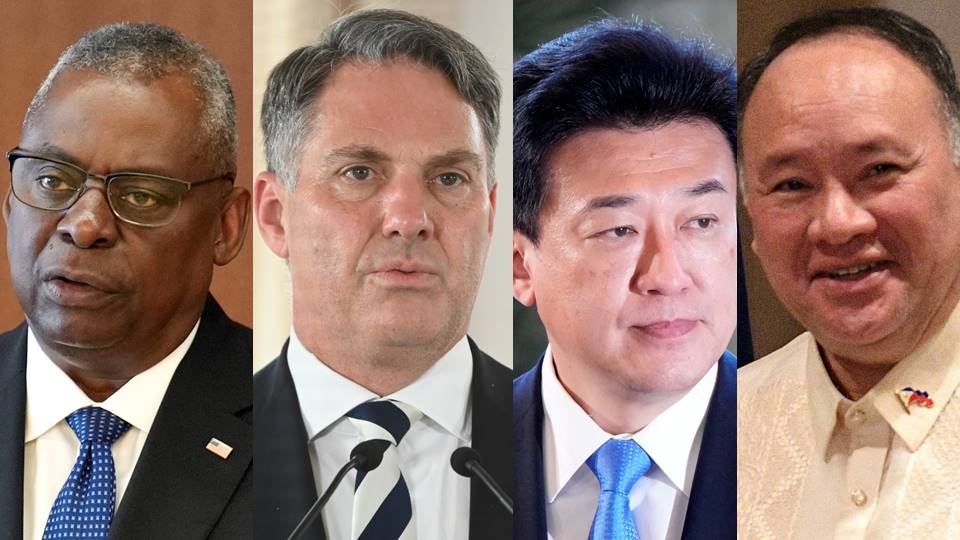 左起美國國防部長奧斯汀(Lloyd Austin)、日本防衛大臣木原稔(Minoru Kihara)、澳洲國防部長馬勒斯(Richard Marles)、菲律賓國防部長鐵歐多洛(Gilbert Teodoro)。(合成圖/AFP/AP/路透社/達志影像)