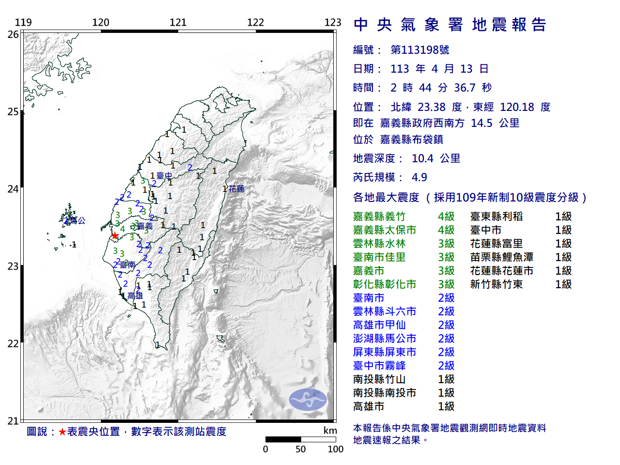 12日晚間嘉義地震頻傳，最大規模4.9震度4級。(圖：中央氣象署)