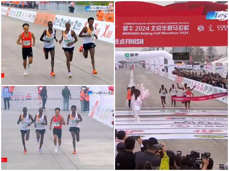 中國馬拉松選手何杰奪冠，3非洲選手遭質疑放水「陪跑」。(微博)