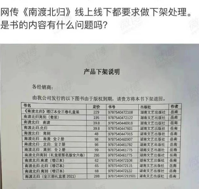 《南渡北歸》套書在出版13年後，傳出被中國官方要求下架。(圖取自微博)