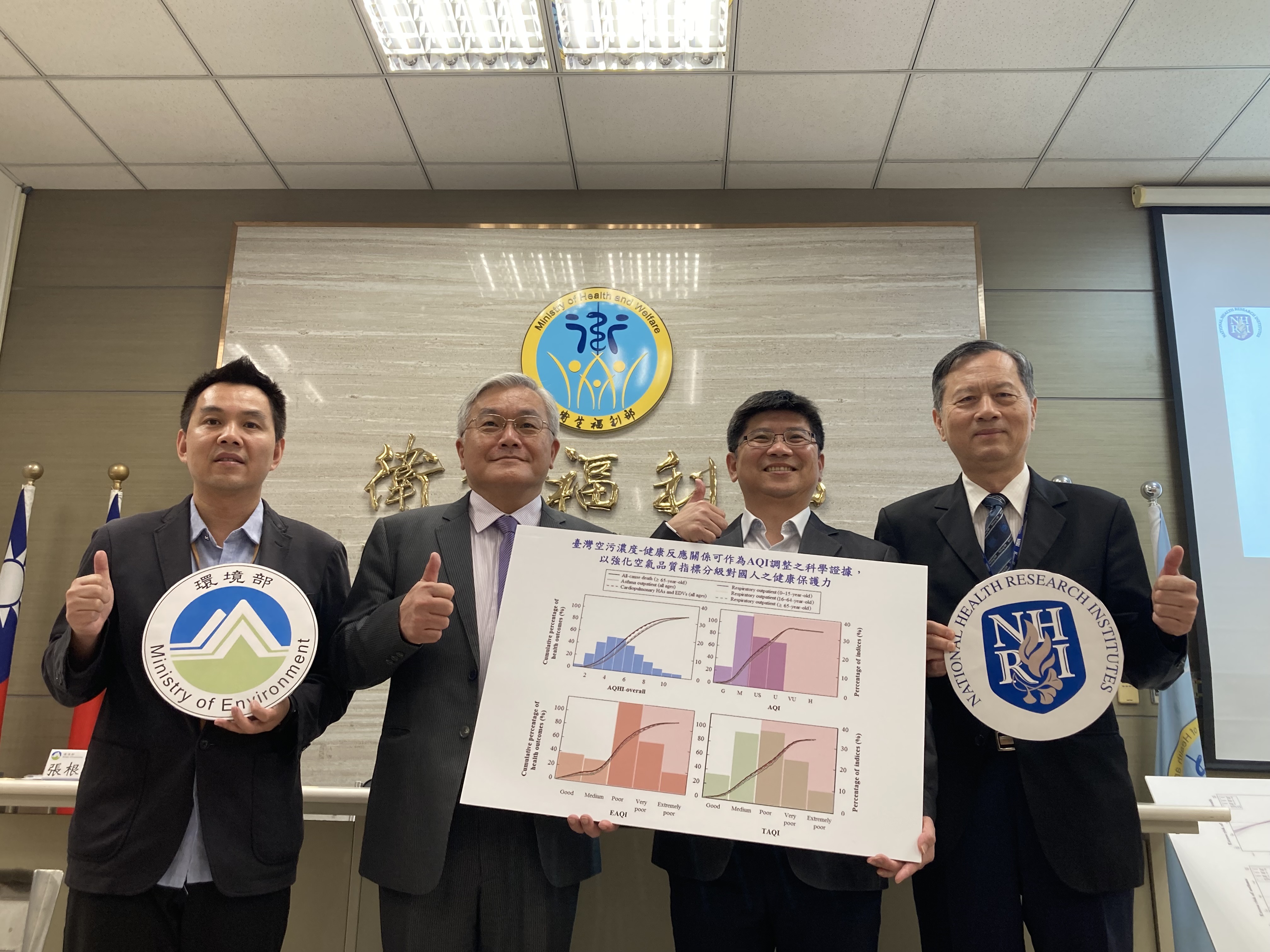 國家衛生研究院與環境部合作進行8年計畫，首度以本土實證研究訂空品標準。圖為13日舉行成果說明會。左起為環境部大氣環境司副司長張根穆、國衛院環境醫學所所長陳保中、研究員陳裕政、副院長許惠恒。(國衛院提供)