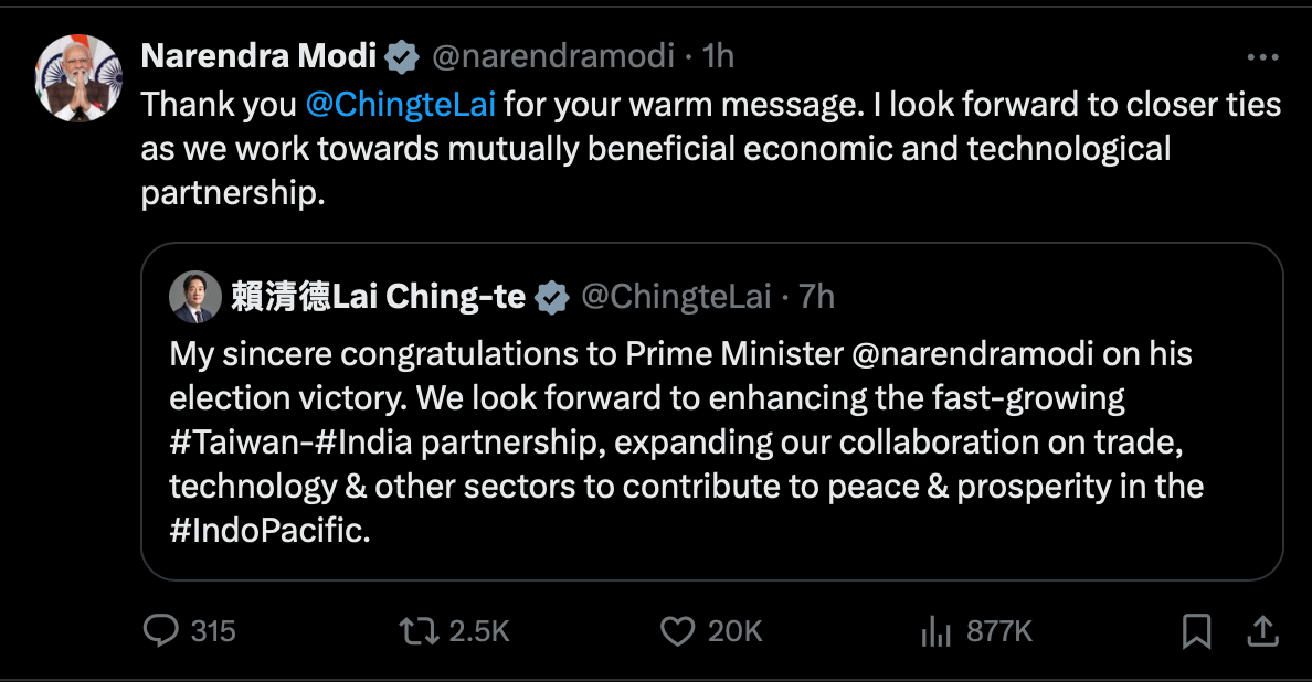 賴總統5日發文恭賀連任後，印度總理莫迪也轉發賴總統貼文並表示，期待台印之間的關係更緊密。(圖:Ｘ@narendramodi)