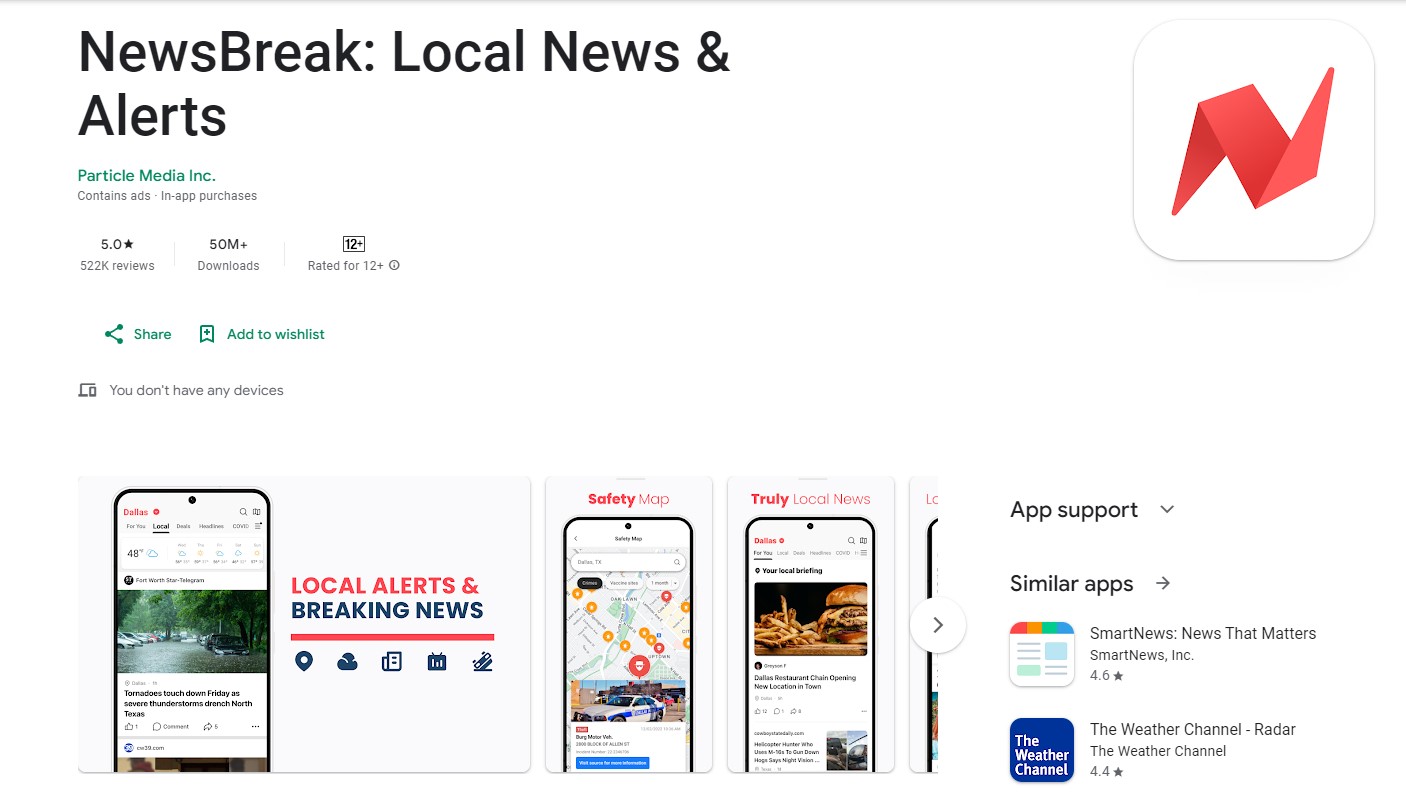 新聞聚合應用程式(app)「NewsBreak」源自於中國，引發憂慮。(翻攝Google)