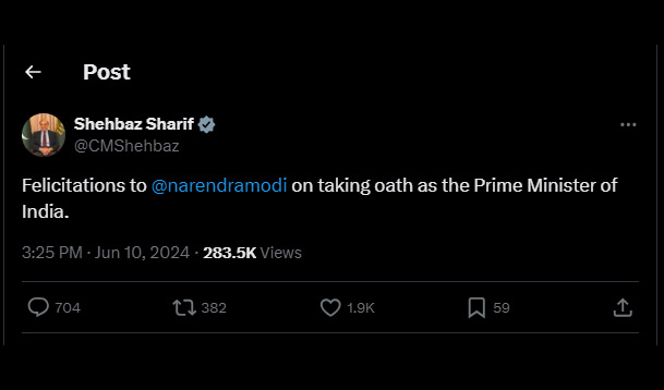巴基斯坦總理夏立夫10日在X上發文恭喜莫迪宣誓成為印度總理。(翻攝自夏立夫社群平台X)
