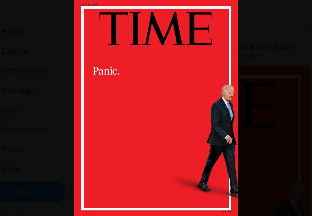 拜登辯論表現引換人聲浪 時代雜誌封面寫「恐慌」。 (圖:@TIME)