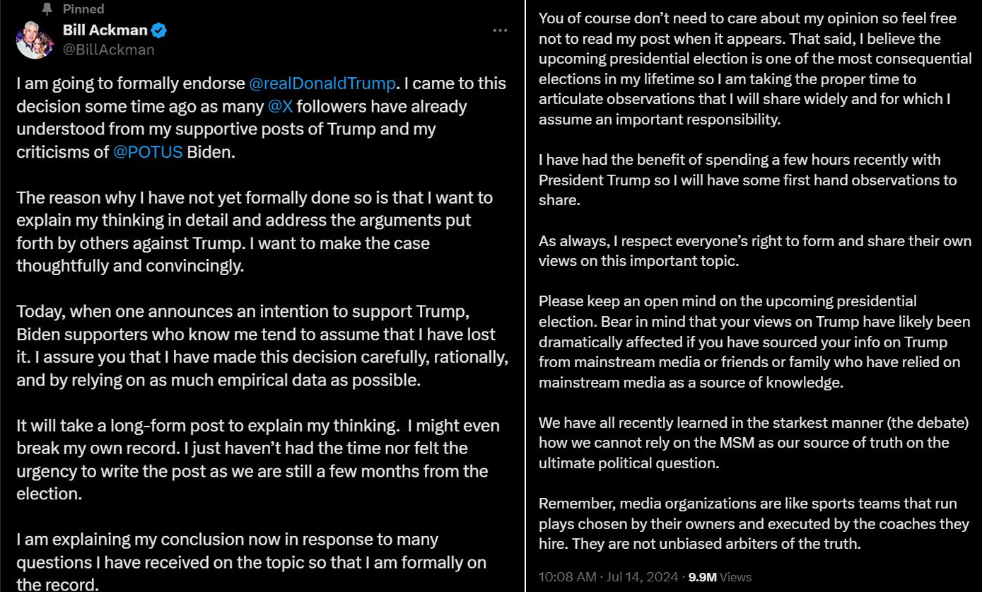 艾克曼(Bill Ackman)在社群平台X表示正式支持川普。(擷自@BillAckman)