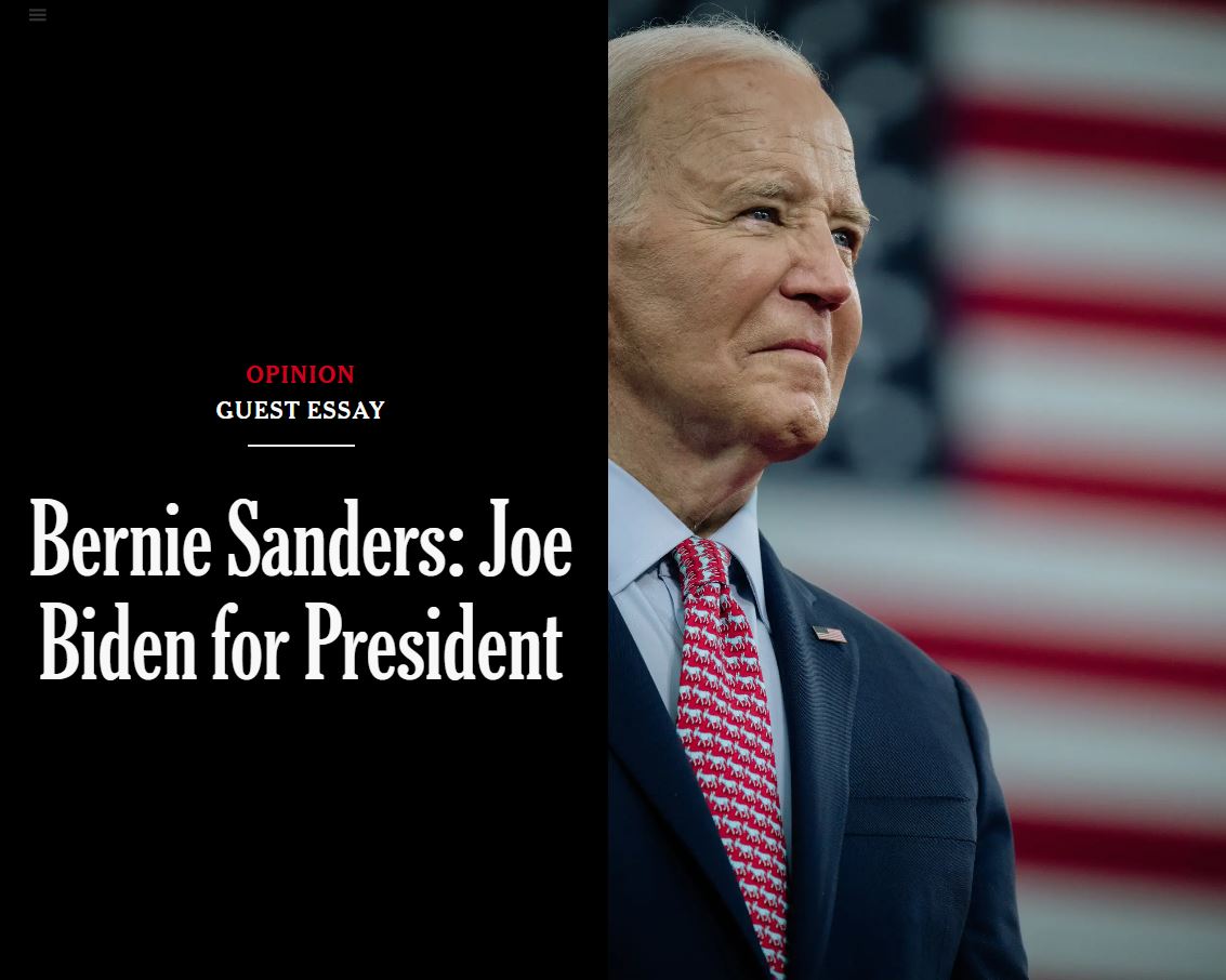 參議員桑德斯(Bernie Sanders)在紐約時報專欄投書，挺拜登競選。(擷自New York Times官網)
