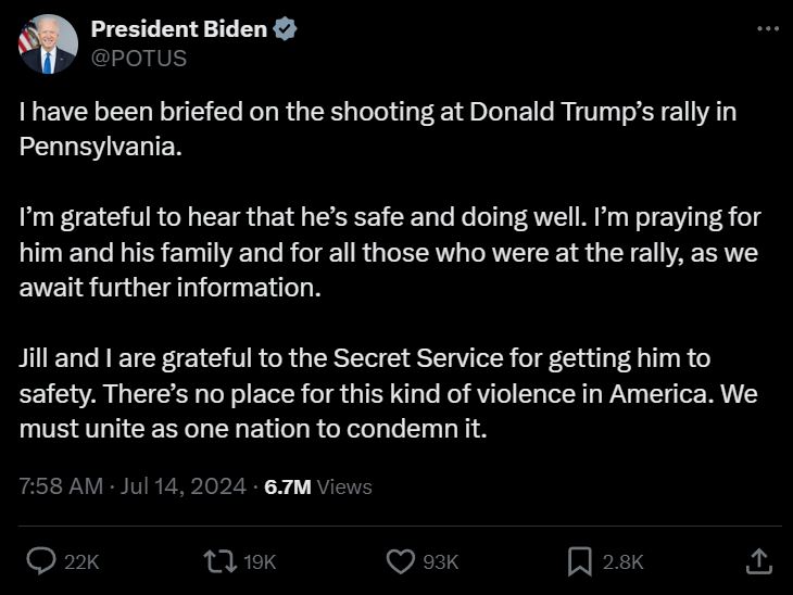 川普造勢大會濺血，拜登表示，這種暴力行徑在美國無容身之地，必須團結一致來譴責這種行徑。(X@POTUS)