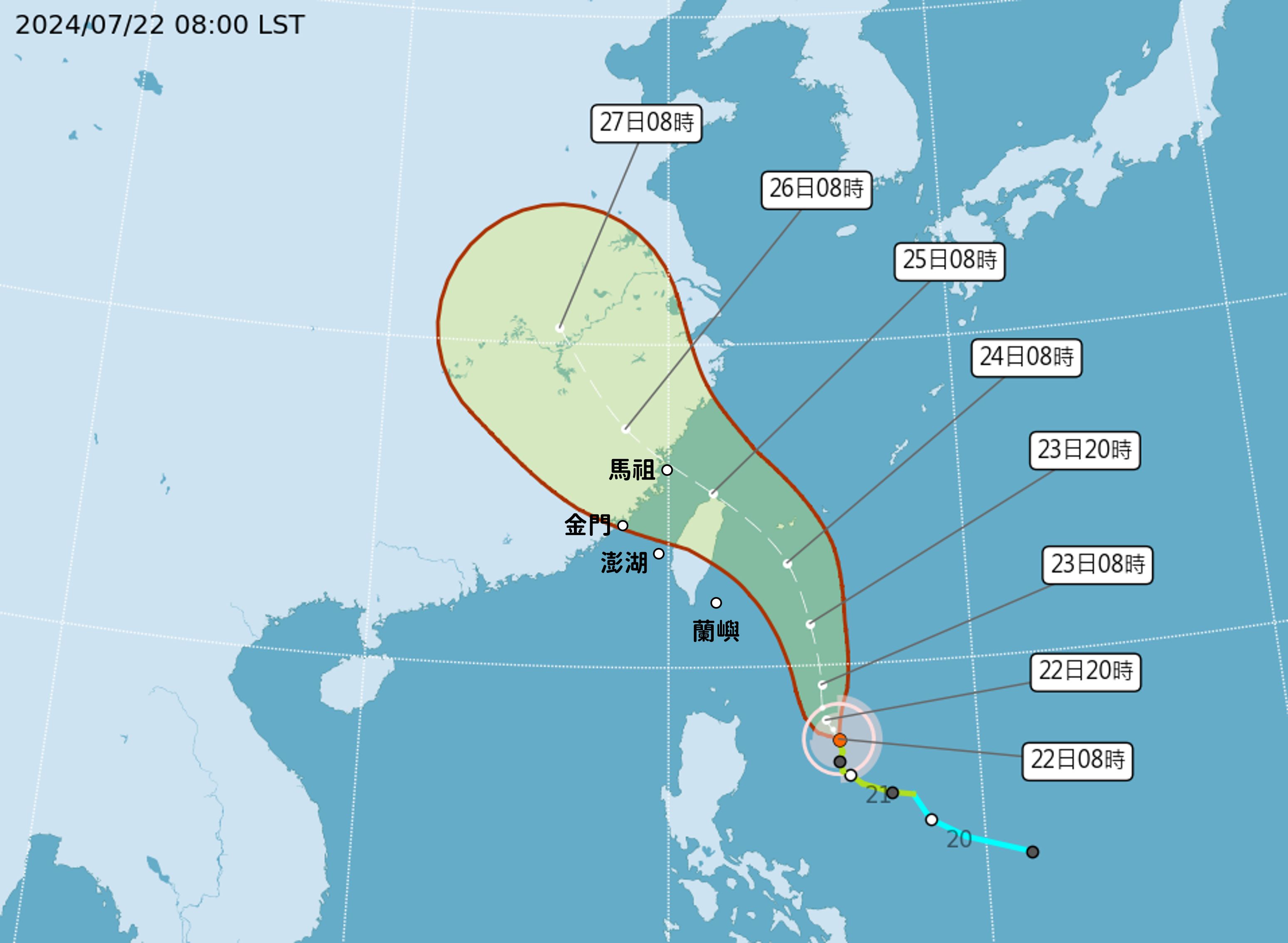 「凱米」恐擦邊掠過東北角 海陸警發布時間逼近。(中央氣象署提供)
