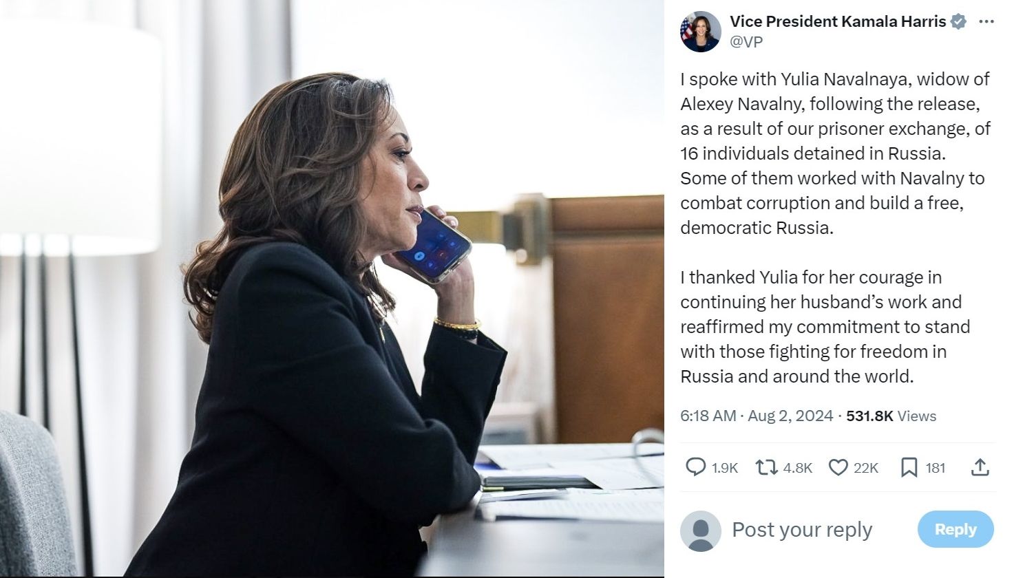 美國副總統賀錦麗(Kamala Harris)和納瓦尼遺孀通話。 (圖:@VP)