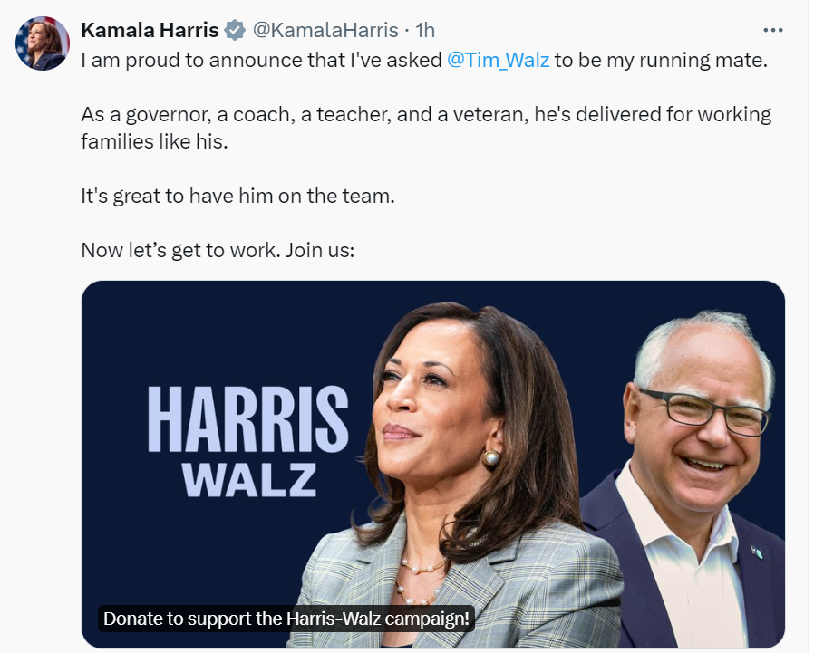 賀錦麗(Kamala Harris)今天(6日)表示她「很自豪」選擇明尼蘇達州州長華茲(Tim Walz)作為競選搭檔。(圖：@KamalaHarris／X平台)