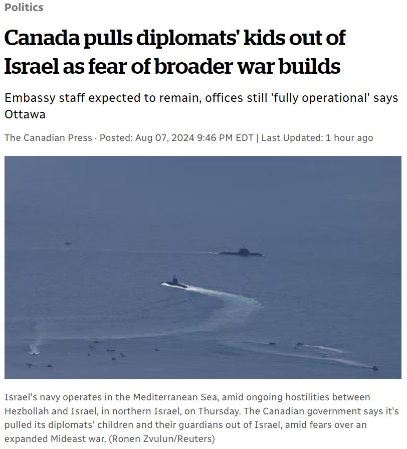 加拿大通訊社報導，由於擔心中東衝突擴大，加拿大政府決定撤離駐以色列外交官員的子女。(擷自CBC官網)
