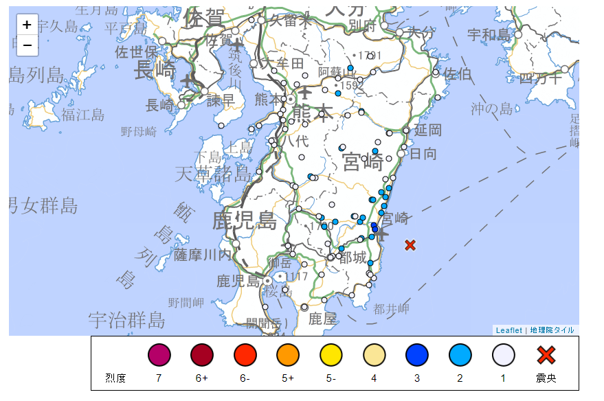 日本11日上午7時42分又發生推估規模4.5地震，最大震度3級出現在宮崎市，無海嘯威脅。(翻攝日本氣象廳)