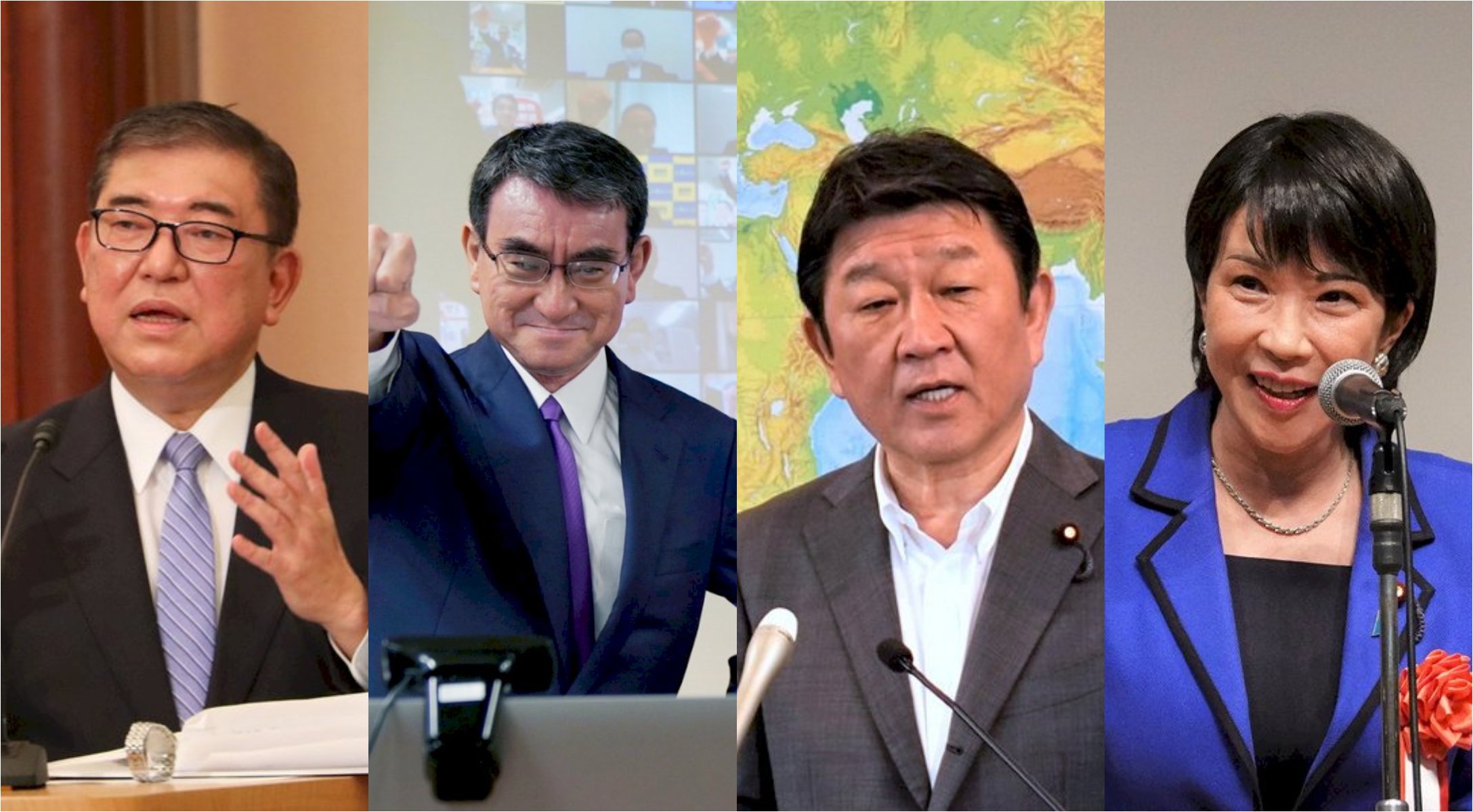 日本首相岸田文雄宣布不參選自民黨黨魁後，日媒已點名包括(左起)前幹事長石破茂、數位大臣河野太郎、自民黨幹事長茂木敏充與與經濟安保大臣高市早苗等多位可能人選。（中央社/央廣合成）