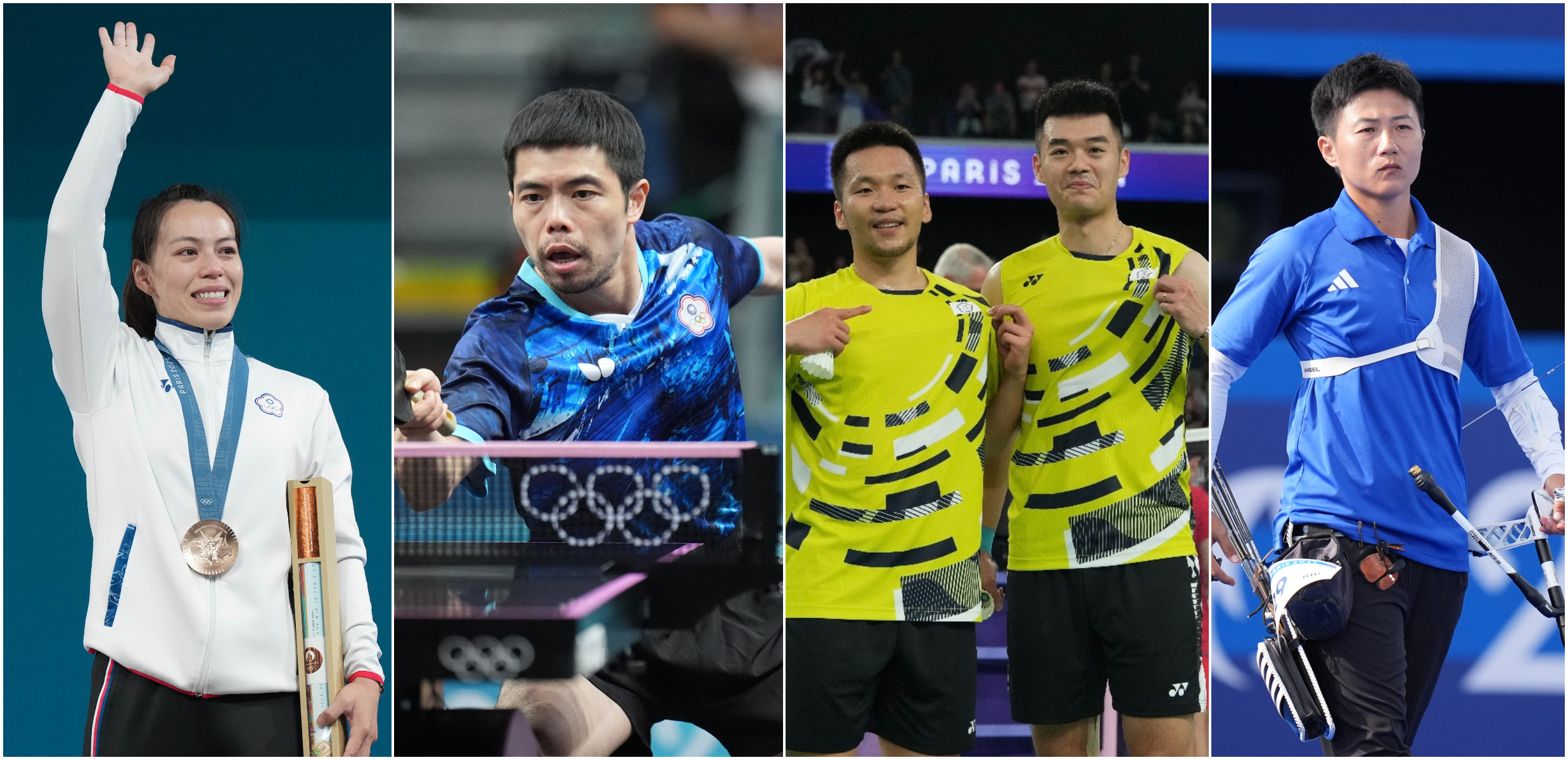 行政院會今天(15日)通過成立體育暨運動發展部籌備小組，將邀請優秀體育選手擔任籌備小組諮詢委員。（圖左起鍋婞淳、莊智淵、李洋與王齊麟、雷千瀅。（圖：中華奧會、中央社/央廣合成）