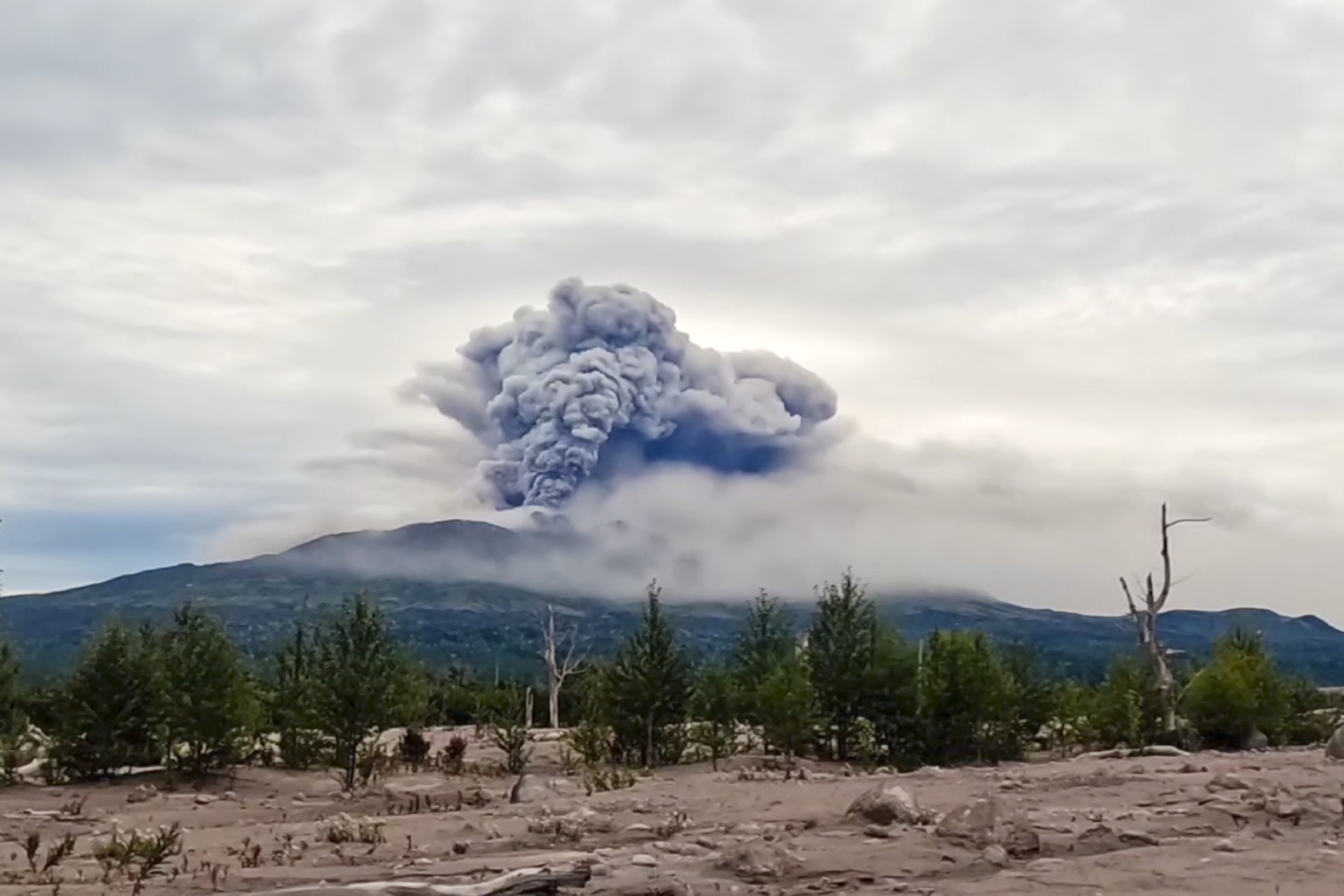 俄羅斯位在堪察加半島的舍維留奇火山(Shiveluch volcano)18日噴發。 (AP/達志影像)