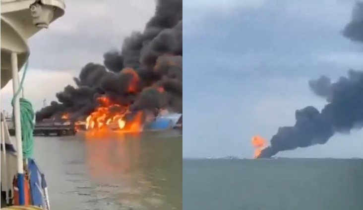 俄羅斯指控烏克蘭對高加索港發動空襲，一艘滿載燃油油輪遭擊中，竄起大火與濃煙。(X平台/@TabZLIVE、@eunoia_Sentry)