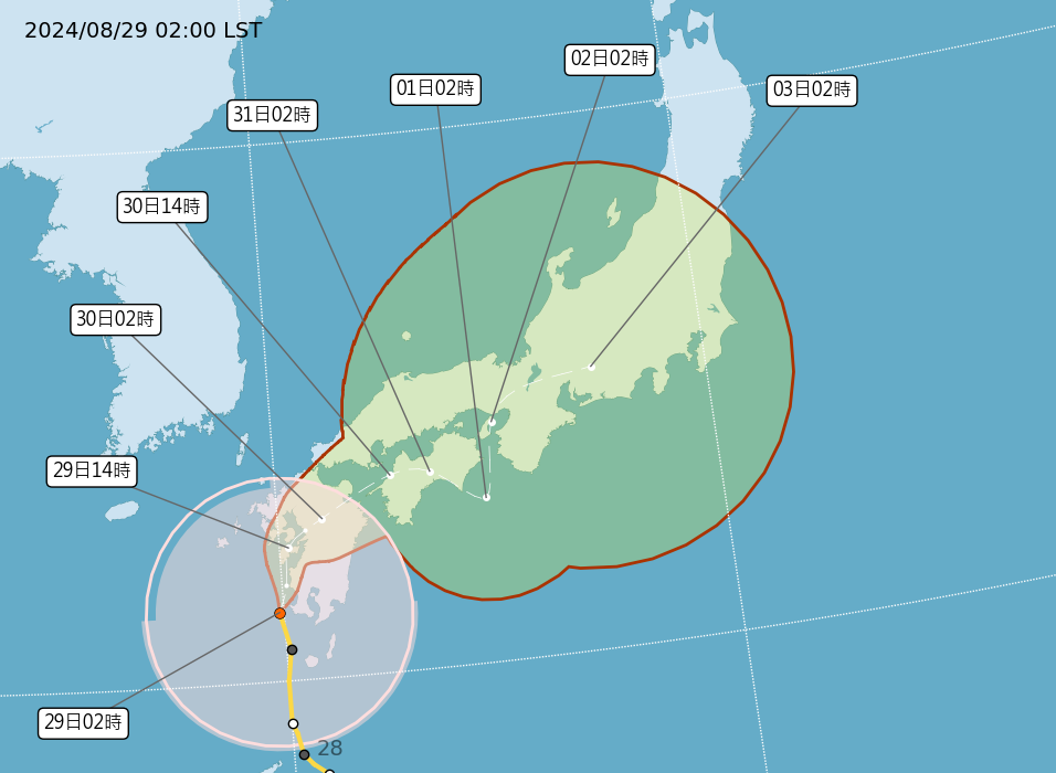 颱風珊珊侵襲日本九州，29日一架長榮航空班機飛到福岡上空卻無法降落，安全考量下最後折返台灣。圖為中颱珊珊路徑圖。(圖:中央氣象署)