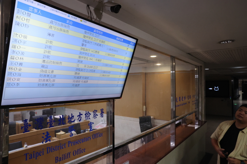 檢廉持續偵辦京華城案，前台北市長柯文哲、前台北市副市長彭振聲皆因涉犯貪污治罪條例遭聲押禁見，台北地檢署公告螢幕上顯示了柯文哲與彭振聲案件處理情形。 (圖：中央社)