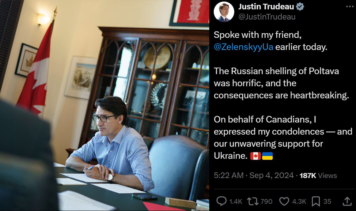 加拿大總理杜魯道在社群媒體平台X表示，將繼續支持烏克蘭。(X@JustinTrudeau)