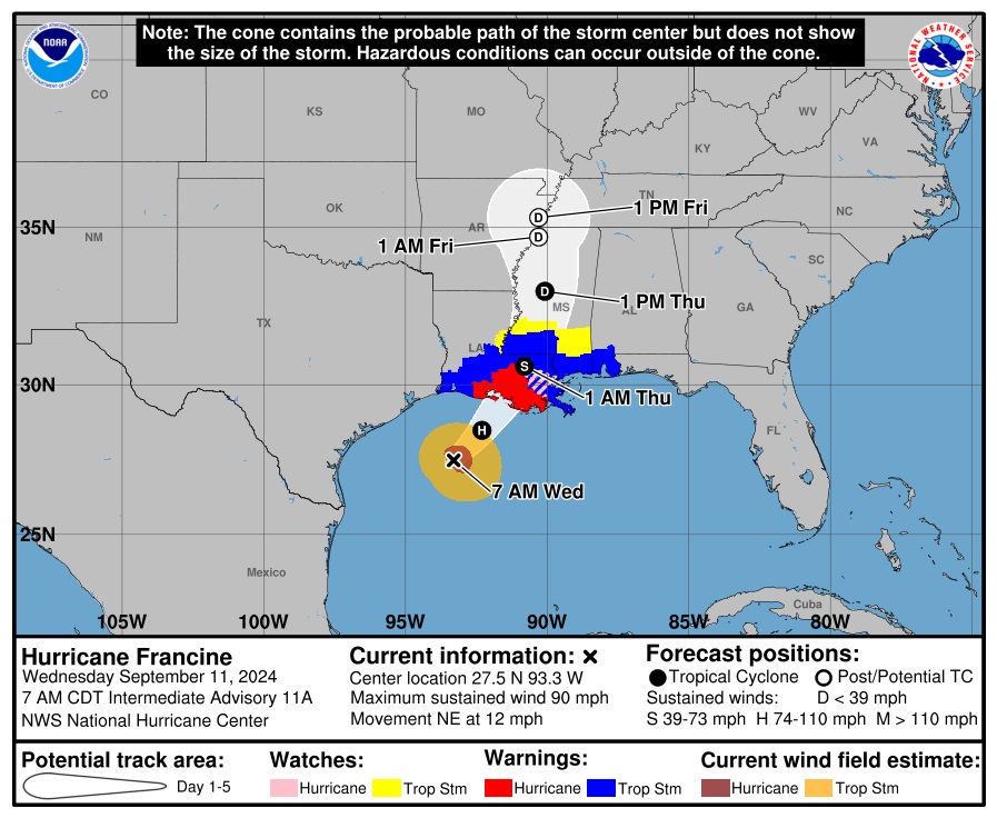 颶風「弗朗辛」(Francine)即將登陸美國路易斯安那州，州長藍德瑞(Jeff Landry)宣布該州進入緊急狀態，示警當地將迎來暴雨、破壞性強風，甚至是龍捲風。(X平台@NHC_Atlantic)