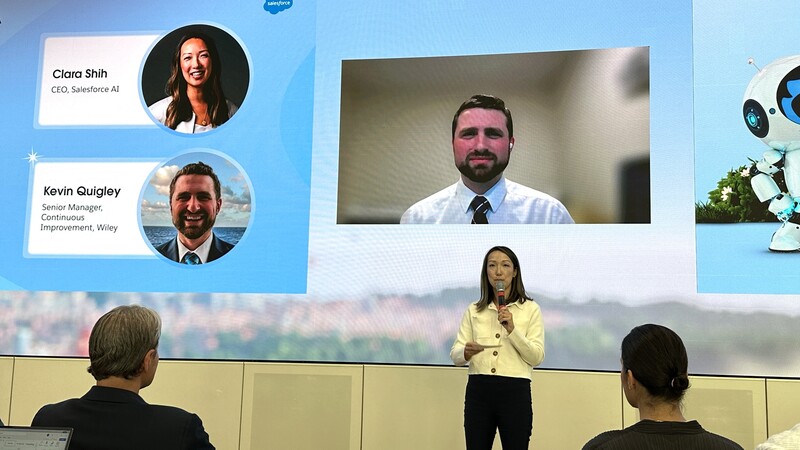 客戶關係管理（CRM）龍頭Salesforce推AI代理人，AI部門執行長史宗瑋（Clara Shih）解說新技術核心。(圖：中央社)