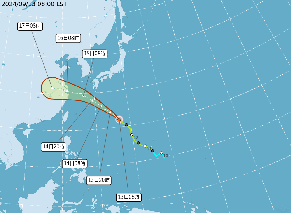 輕度颱風貝碧佳潛勢路徑圖。(中央氣象署提供)